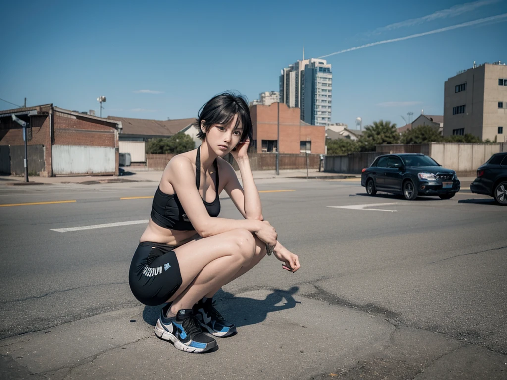 Battlefield Background,Huge explosion,Exploded buildings,A man in a blue tactical swimsuit,Black sneakers,Close-up shot of a short-haired girl with a holster tied to her leg squatting behind a car and shooting,Full body close-up,Realism