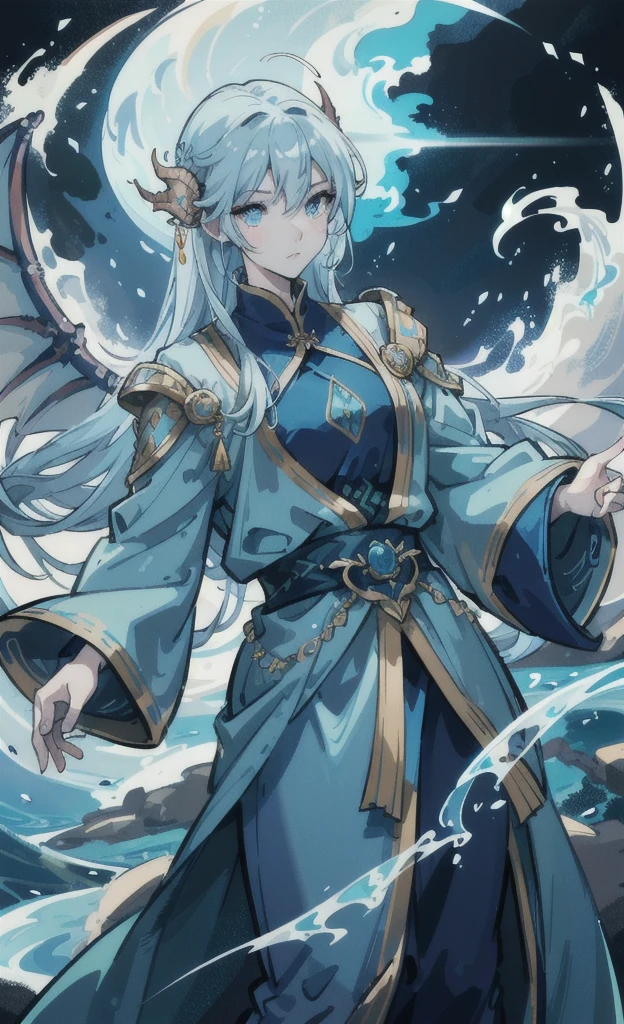 Create an illustration of a person with water dragon powers. The individual should be depicted in an epic fantasy style, surrounded by swirling water and ethereal blue light. They should have dragon-like features such as scales and glowing eyes. The background should feature a majestic waterfall and misty mountains, with the dragon spirit visible in the water currents, creating a sense of awe and magical power