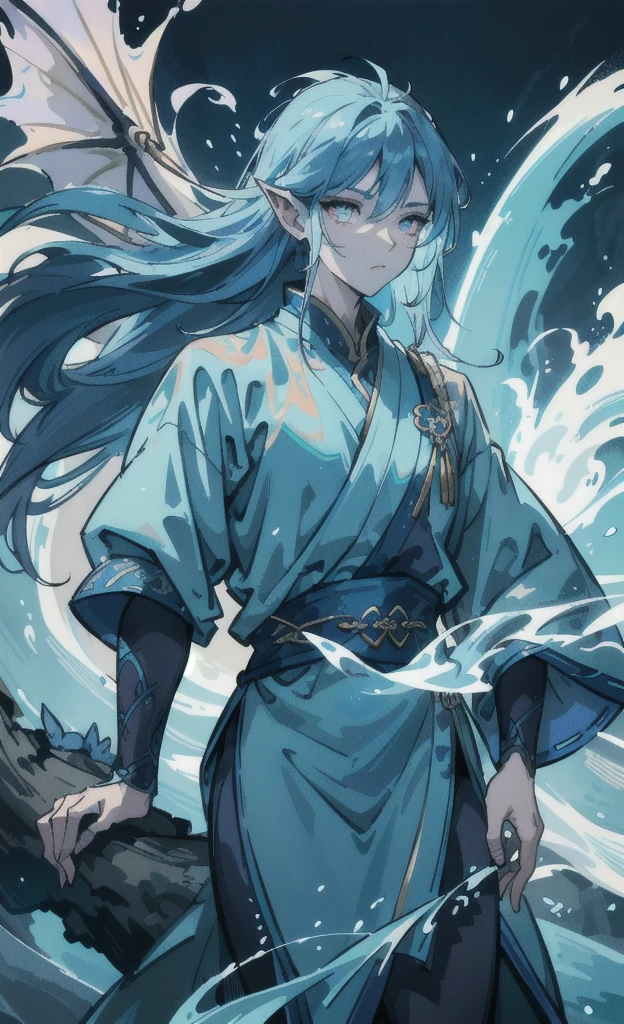 Create an illustration of a person with water dragon powers. The individual should be depicted in an epic fantasy style, surrounded by swirling water and ethereal blue light. They should have dragon-like features such as scales and glowing eyes. The background should feature a majestic waterfall and misty mountains, with the dragon spirit visible in the water currents, creating a sense of awe and magical power
