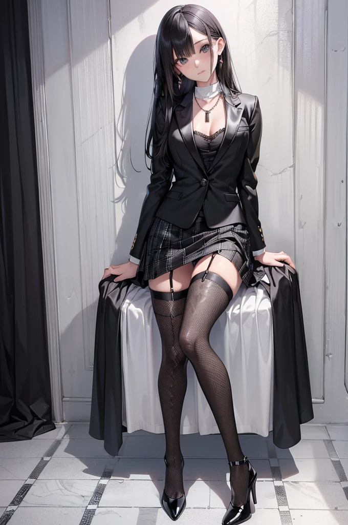 ((best quality)), ((masterpiece)), (detailed), perfect face，silver_hair, black_eyes, lips, corset, realistic，skirt，black_stocking，sit on chair, hight_heeled_shoes，30 years old,  Asian