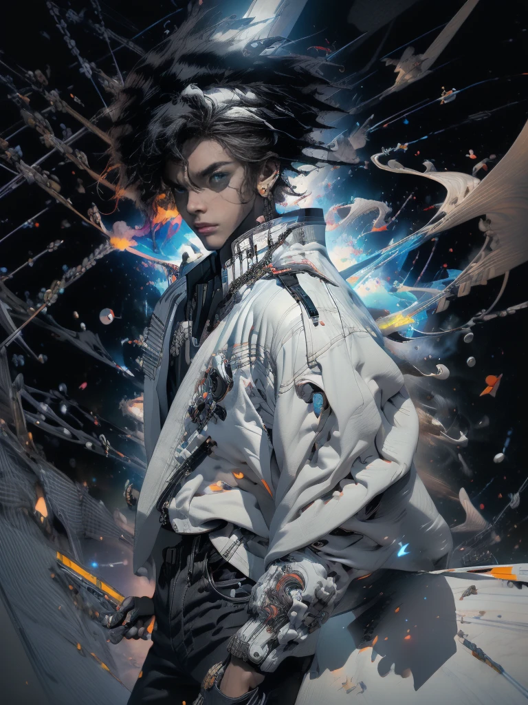 (((Top quality, 8k, masterpiece)) bold lines, aggressive, anime artstyle, professional photography, low aperture, subject in focus, dark skin male in white flowing urban punk style jacket and black jeans, black hair, black eyes, space background with stars and planets