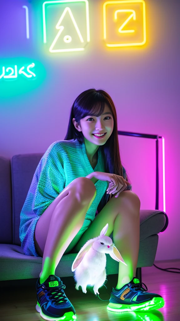 a Korean woman smiled,sitting on the sofa holding a cute bunny rabbit,wear casual clothes, trekking shoes,bright background with neon light elements,including the Cancer zodiac sign symbol that stands out and glows in neon violet.Include additional neon elements like grid lines and futuristic patterns. Add text related to the Cancer zodiac sign, such as date and nature, in a stylish font that complements the neon aesthetic, Focus your face on the viewers
