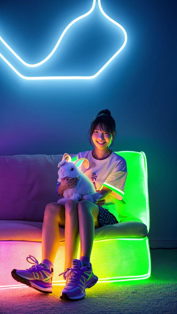 a Korean woman smiled,sitting on the sofa holding a cute bunny rabbit,wear casual clothes, trekking shoes,bright background with neon light elements,including the Cancer zodiac sign symbol that stands out and glows in neon violet.Include additional neon elements like grid lines and futuristic patterns. Add text related to the Cancer zodiac sign, such as date and nature, in a stylish font that complements the neon aesthetic, Focus your face on the viewers