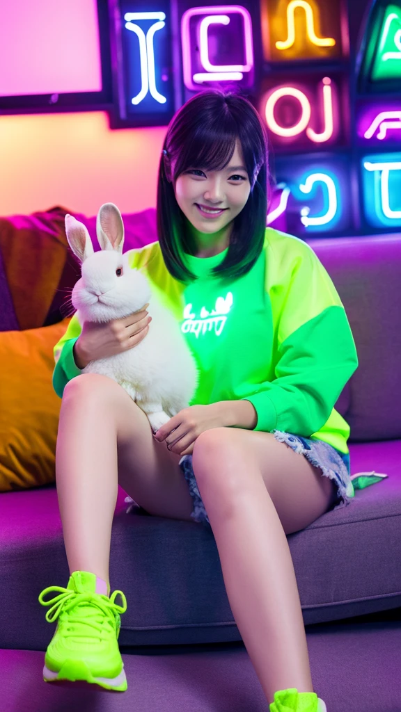 a Korean woman smiled,sitting on the sofa holding a cute bunny rabbit,wear casual clothes, trekking shoes,bright background with neon light elements,including the Cancer zodiac sign symbol that stands out and glows in neon violet.Include additional neon elements like grid lines and futuristic patterns. Add text related to the Cancer zodiac sign, such as date and nature, in a stylish font that complements the neon aesthetic, Focus your face on the viewers