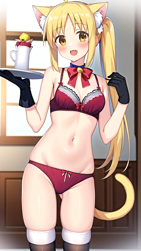 highres, high quality, 1girl, ijichi nijika, blush, open mouth, tight pajama bra and panties, cat ears, cat tail, thighhighs, bowtie, bell, corset, gloves, holding tray, blurry background, indoors