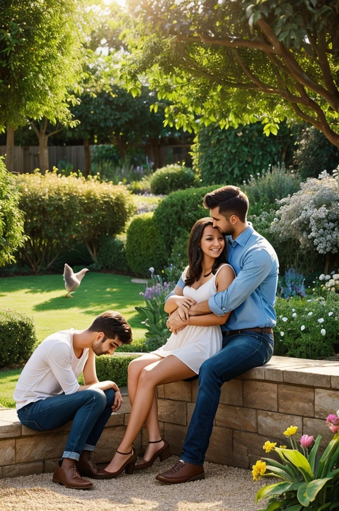A beautiful garden two boyfriend girlfriend sitting with hugging and birds animal playing near to them