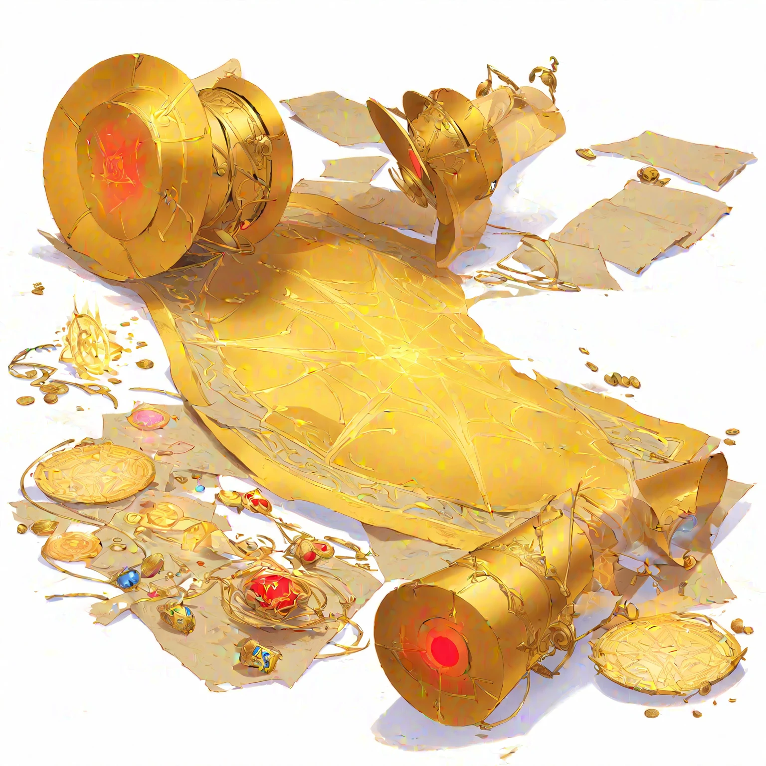 there is a g古老的reel with a red light on it, Concept Art magical highlight, Object Art, Gold Cloth, reel, holy fire spell art, Golden robe, Magic Items, Role Playing Game Items, discarded reel, Magical glowing skin, flowing golden scarf, gemini Gold Cloth, Golden Nobles, 古老的reel, Magic Items, Concept Art, Concept Art, Gold Wire, Magic Items