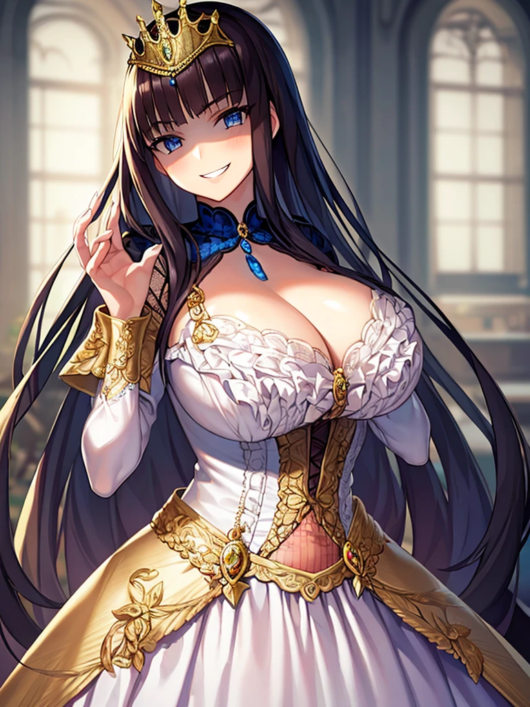 ((Anime art style)),(masterpiece),(Highest quality), (Very detailed),((Very delicate and beautiful)),((alone)),((whole body)),((1 princess in a gorgeous Victorian dress)),Lots of frills,Detailed face and eyes,Jewel-like eyes,((There is a volume and、Very long straight hair)),((Gorgeous embroidery and lace)),Gorgeous corsage,See through,gorgeous hair accessory,Gorgeous sparkling jewel tiara,Gorgeous frills,((Huge breasts,Long chest)),Skin dents,((whole body)),((Skirt of Hope,crinoline)),Standing pose,Dynamic Angle,Show Viewer,Royal Victoria Palace,(((A gorgeous Victorian dress with rich embroidery)),whole body,Big Breasts, Grin、With a creepy smile, A smile with downturned corners,View your audience, blush, Open your mouth,Please place your hand on your chest