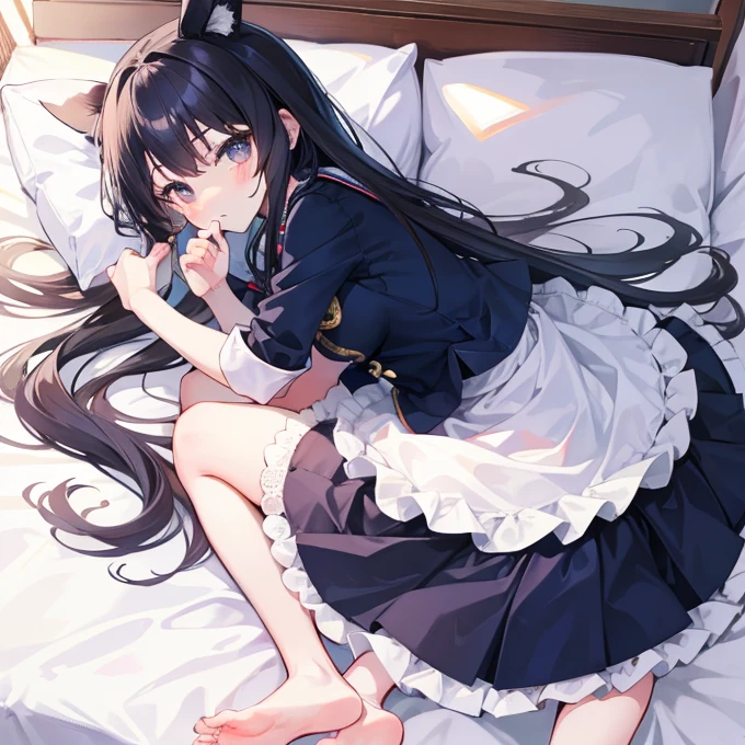 anime girl with maid dress, lying in bed with legs open, eyes closed and mouth open while the anima girl&#39;s hand is on her vagina, putting her fingers in her vagina, smiling for pleasure
