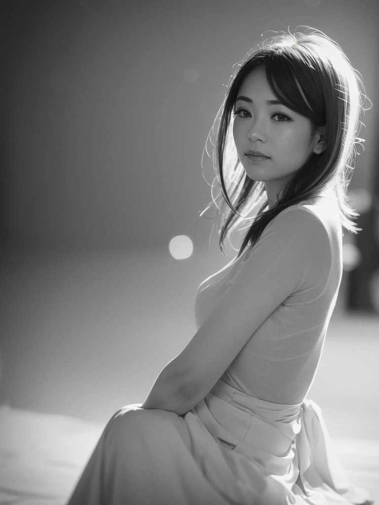 Leica Sumilux f1.4 50mm , old monochrome film , bokeh, flare, soft focus, Mature Woman , (ugly:0.9) , looking away