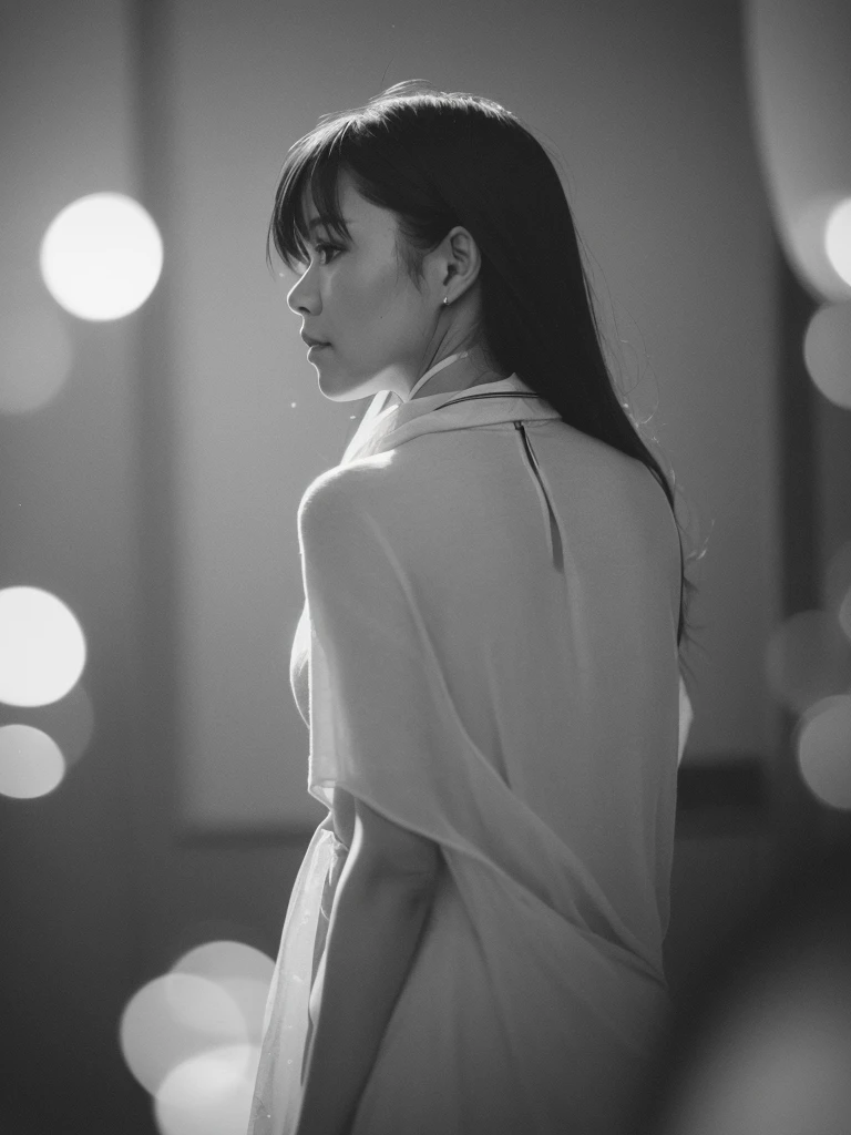 Leica Sumilux f1.4 50mm , old monochrome film , bokeh, flare, soft focus, Mature Woman , (ugly:0.9) , looking away