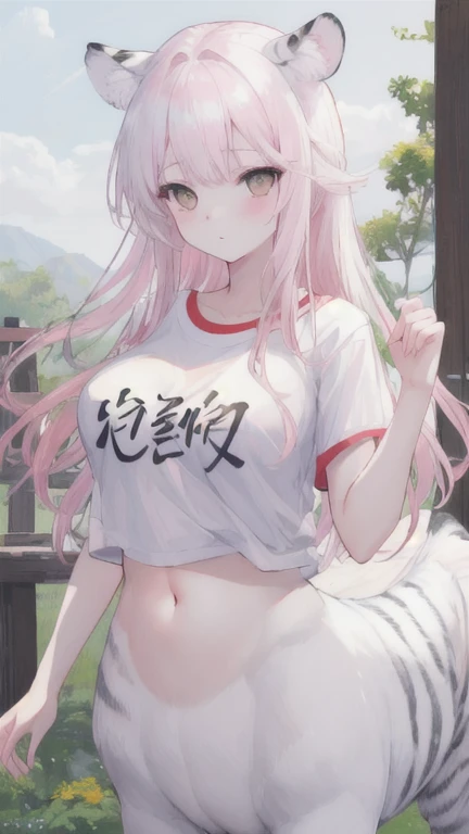 (best quality, masterpiece), 1 girl, centaur, It takes, White skin, Korean ,daughter,black pink, exposing the abdomen, belly button t-shirt , 아름다운 소녀 Perfect wild white tiger photo, Perfect wild white tiger photo