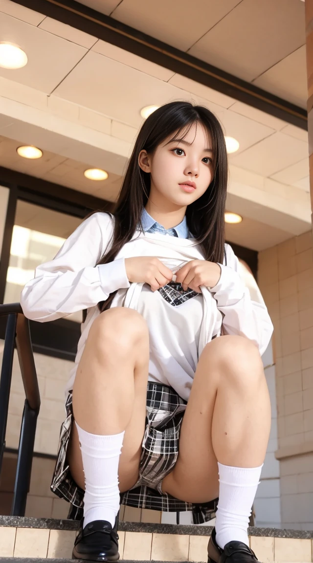 (((alone))),(((1 Girl))), beautiful, shape, Highly detailed skin, masterpiece, Highest quality, Highly detailed face, Vibrant colors, Written boundary depth, Cinema Lighting,, One Girl, alone, Brown eyes, Brown Hair, hair ornaments,Long Hair,Green Check Skirt,, White shirt, ,masterpiece Highest quality 高解像度、, Long Hair, Sit with your knees bent、eight-headed body、beautiful足 、On campus、As if looking up from below、Embarrassing,Browsing Caution,White panties,Camel Toe