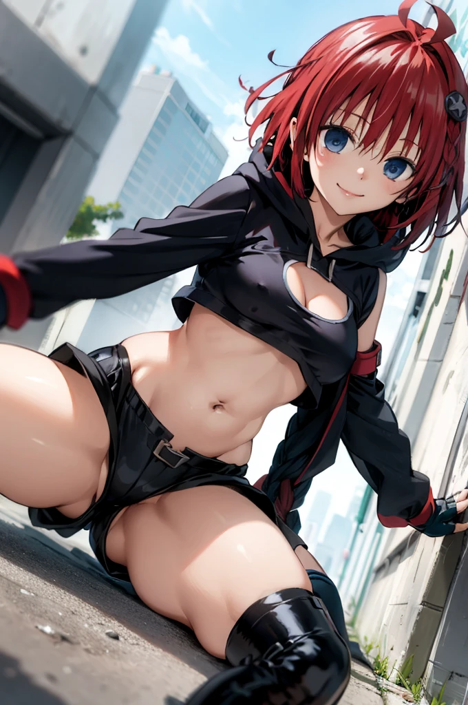 mea kurosaki, ahoge, blue eyes, braid, hair intakes, hair ornament, long hair, red hair, hair braid, smile, BREAK gloves, navel, boots, detached sleeves, shorts, fingerless gloves, black shorts, crop top, clothing cutout, hood,outdoor,,medium