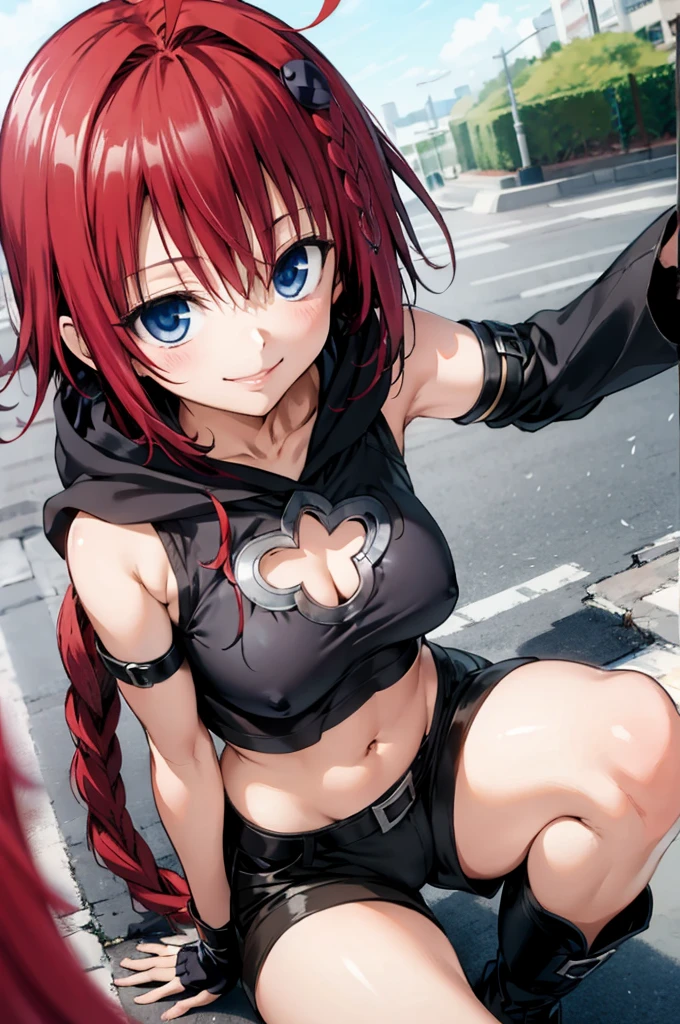  mea kurosaki, ahoge, blue eyes, braid, hair intakes, hair ornament, long hair, red hair, hair braid, smile, BREAK gloves, navel, boots, detached sleeves, shorts, fingerless gloves, black shorts, crop top, clothing cutout, hood,outdoor,,medium breasts