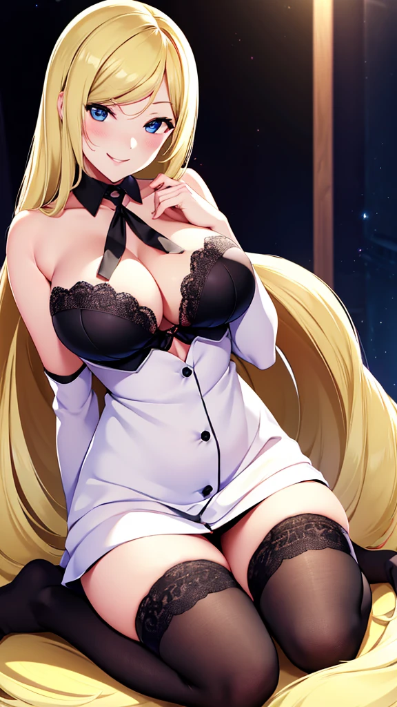Erotic、Lusamine、Blonde、adult、Married Woman、tall、Big Breasts、leggings,Black knee-high socks、Dress shirt、Black Bra、Evil female executive、sexy、Sexy smile、lure、Alluring、Pitch black background、Bedroom at night、Hands on head
