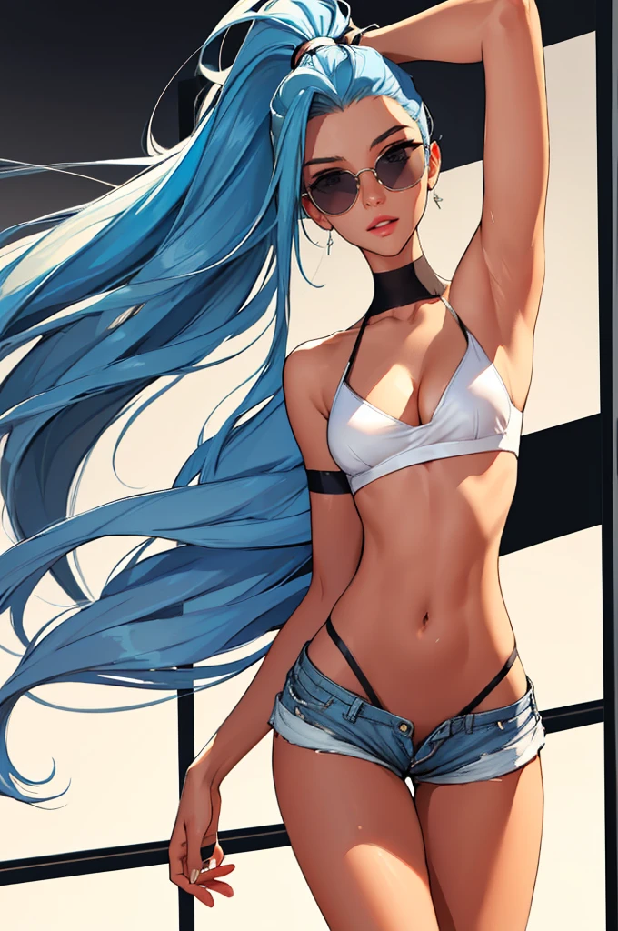 (best quality: 1.2), clean face, (masterpiece: 1.2, 8k) perfect anatomy, 1girl,a beautiful fashion model ,(masterpiece, official art, best quality ,long and shiny hair, blue hair with streaks in hair, long hair, full lips, slender body, slim body big breasts, looking at viewer, revealing outfit, absurdity, intricate details, dynamic pose, club, , wearing short shorts and a tight white top, cleavage, thong straps, ponytail, sunglasses, celebrity