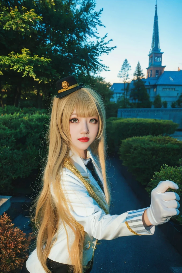 best quality, tmasterpiece,Ultra-high resolution,Clear face,（Reality：1.4），ferpect lighting，(upper body:1.5), (photorealistic:1.50), anime wallpaper, Guviz style artwork, cover-up fantasy up to magic , by Yang J, Guviz, beautiful artwork illustration, beautiful digital artwork, beautiful digital illustration, Li Song, beautiful anime portrait, art style in Beauvot, Minami Kotori, 1girl, 独奏,cosplay, looking at viewer, 
long hair,  blonde hair,bangs, side ponytail,single hair bun,
gloves, mini hat, pencil skirt, Miniskirt, long sleeves, police uniform,
outdoors,photo background, meadow, Garden, standing,
 