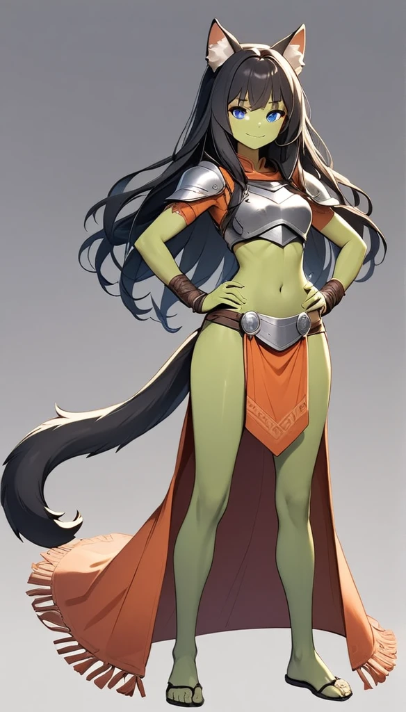 1girl, animal ears, armor, black hair, blue eyes, closed mouth, colored skin, full body, green skin, grey background, hand on hip, loincloth, long hair, pelvic curtain, smile, solo, standing, tail