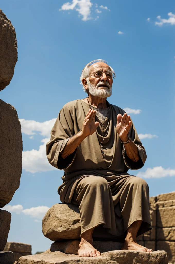 Biblical character Job on a stone sitting old man full of ulcers looking at the sky with raised hands