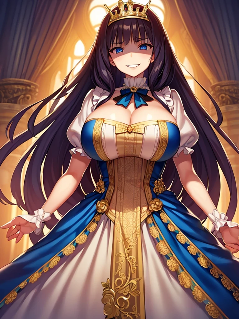 ((Anime art style)),(masterpiece),(Highest quality), (Very detailed),((Very delicate and beautiful)),((alone)),((whole body)),((1 princess in a gorgeous Victorian dress)),Lots of frills,Detailed face and eyes,Jewel-like eyes,((There is a volume and、Very long straight hair)),((Gorgeous embroidery and lace)),Gorgeous corsage,See through,gorgeous hair accessory,Gorgeous sparkling jewel tiara,Gorgeous frills,((Huge breasts,Long chest)),Skin dents,((whole body)),((Skirt of Hope,crinoline)),Standing pose,Dynamic Angle,Show Viewer,Royal Victoria Palace,(((A gorgeous Victorian dress with rich embroidery)),whole body,Big Breasts, Grin、With a creepy smile, A smile with downturned corners,View your audience, blush, Open your mouth,Please place your hand on your chest