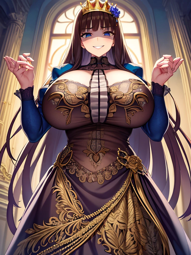 ((Anime art style)),(masterpiece),(Highest quality), (Very detailed),((Very delicate and beautiful)),((alone)),((whole body)),((1 princess in a gorgeous Victorian dress)),Lots of frills,Detailed face and eyes,Jewel-like eyes,((There is a volume and、Very long straight hair)),((Gorgeous embroidery and lace)),Gorgeous corsage,See through,gorgeous hair accessory,Gorgeous sparkling jewel tiara,Gorgeous frills,((Huge breasts,Long chest)),Skin dents,((whole body)),((Skirt of Hope,crinoline)),Standing pose,Dynamic Angle,Show Viewer,Royal Victoria Palace,(((A gorgeous Victorian dress with rich embroidery)),whole body,Big Breasts, Grin、With a creepy smile, A smile with downturned corners,View your audience, blush, Open your mouth,Please place your hand on your chest