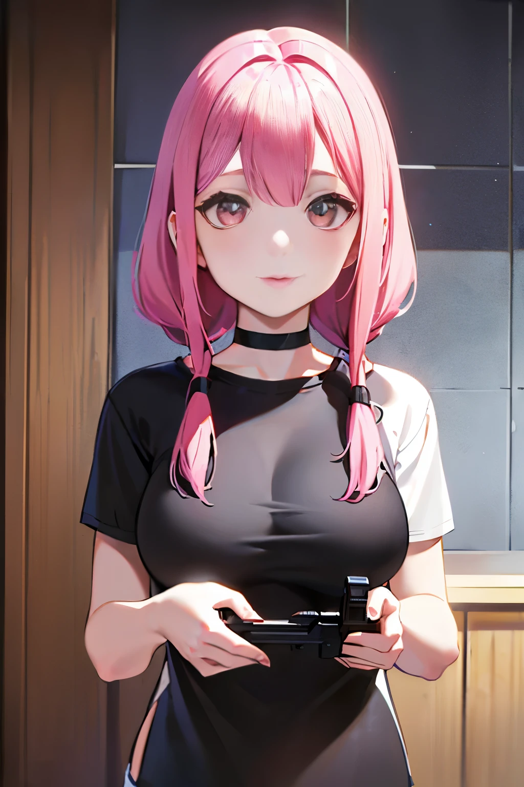 ((Upper body photo))、Cute face、Pink Hair、Long Hair、Twin tails、White skin、((Shooting from the front:1.5 ))、((Tight black t-shirt:1.5))。 ((Big Breasts)), Pointed nipples, masterpiece