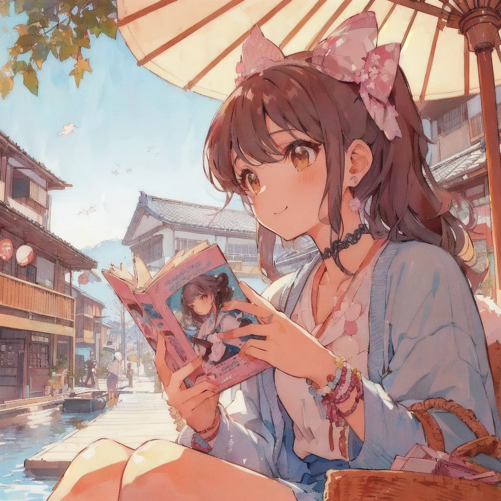 Showa Townと川を背景に文庫本を読んでいるアニメの女の子,under the parasol,smile,Lo-fi Girl, digital Anime illustration, Gweiz-style artwork, Anime Aesthetics, Showa Town,Portrait of Rofi, Anime-style illustrations, Lo-fi Girl aesthetic, 80s anime style,Beautiful anime art style, Anime illustration, Landscapes by Ilya Kuvshinov, Tokyo Anime Scene, Summer Afternoon, Anime Style 4k