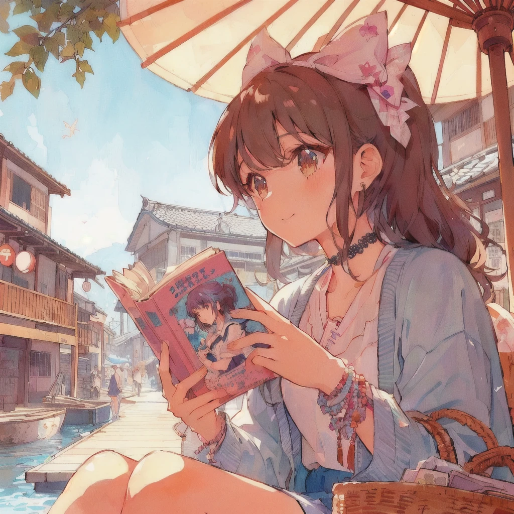 Showa Townと川を背景に文庫本を読んでいるアニメの女の子,under the parasol,smile,Lo-fi Girl, digital Anime illustration, Gweiz-style artwork, Anime Aesthetics, Showa Town,Portrait of Rofi, Anime-style illustrations, Lo-fi Girl aesthetic, 80s anime style,Beautiful anime art style, Anime illustration, Landscapes by Ilya Kuvshinov, Tokyo Anime Scene, Summer Afternoon, Anime Style 4k