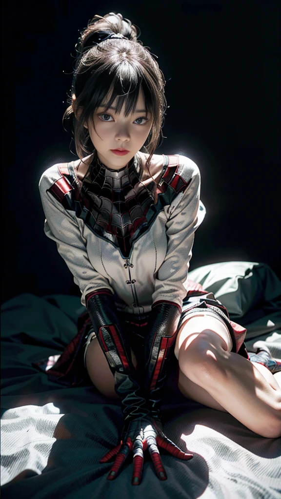 (Highly detailed CG Unity 8K wallpaper,masterpiece,Best image quality),(Delicate light and shadow,This photo is very dramatic.,Cinema Lens Effects),whiteいSpidermanのコスチュームを着た女の子,High Ponytail,Full Body Lesbian,Silver-gray hair color,Spidermanのパラレルユニバースから,white,Marvel,Spiderman,Kneel on the sofa,Dynamic Pose),(Excellent detail,The lighting effects are excellent,Vista wide angle),(Excellent rendering,Enough to stand out from the crowd),注目はwhiteいSpidermanのコスチューム,Intricate black spider texture,Panoramic View,room。