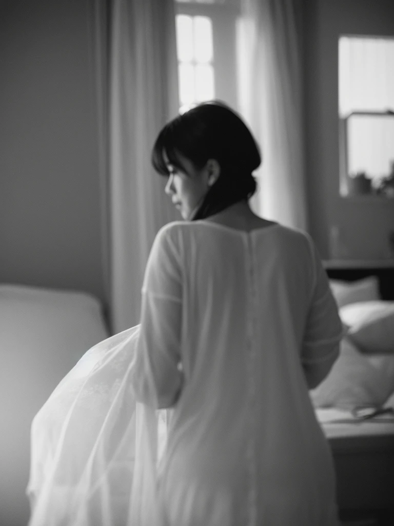 Leica Sumilux f1.4 50mm , old monochrome film , bokeh, flare, soft focus, Mature Woman , (ugly:0.9) , looking away , in the room