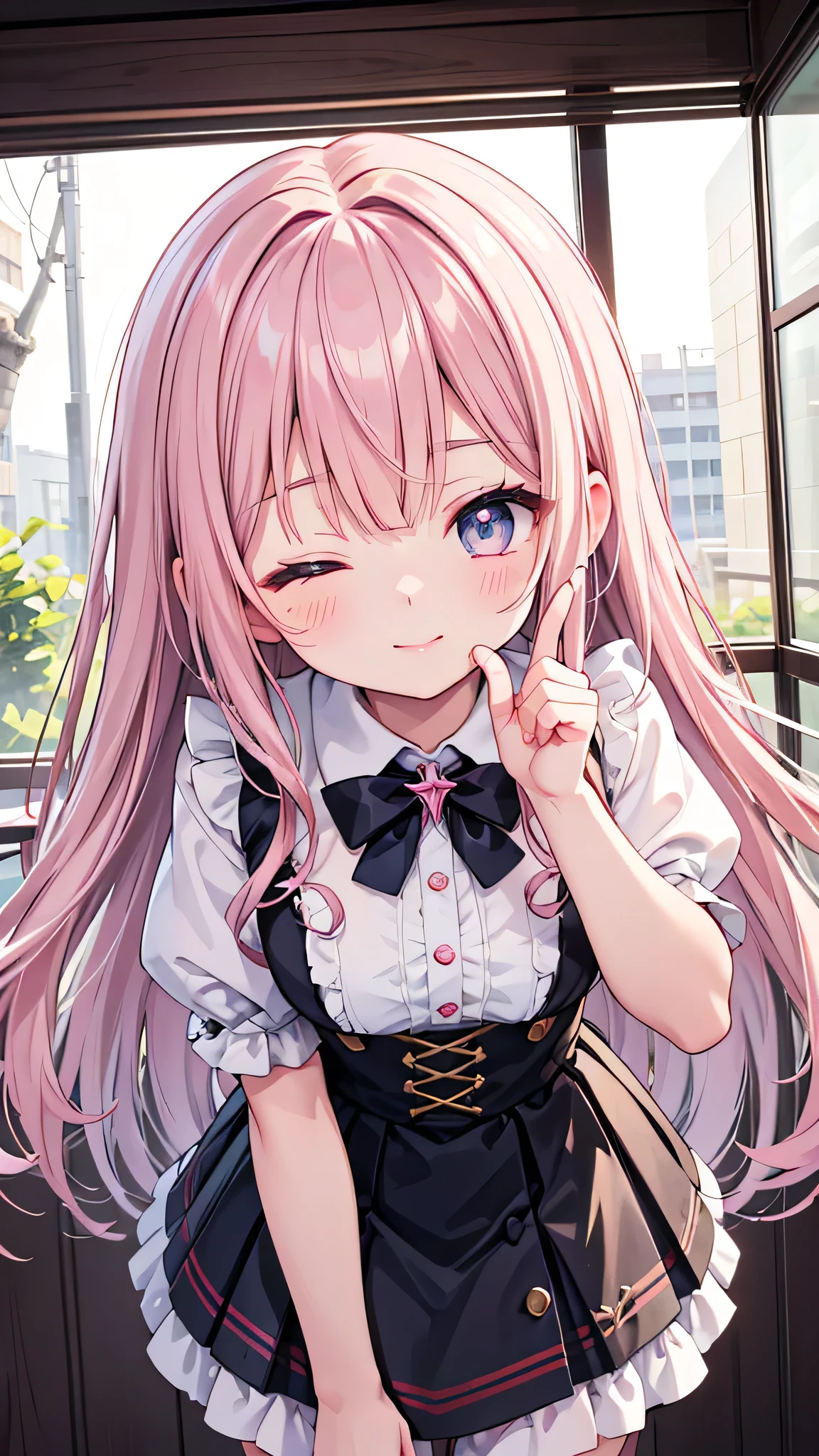 anime moe art style, (Masterpiece, ultra detailed, top quality), young girl, Like an idol skirt, super delicate and beautiful face, beautiful lips, (hyper detail delicate beautiful eyes), face focus, eye focus, leaning forward, from front, finger on mouth, (one eye closed smile),