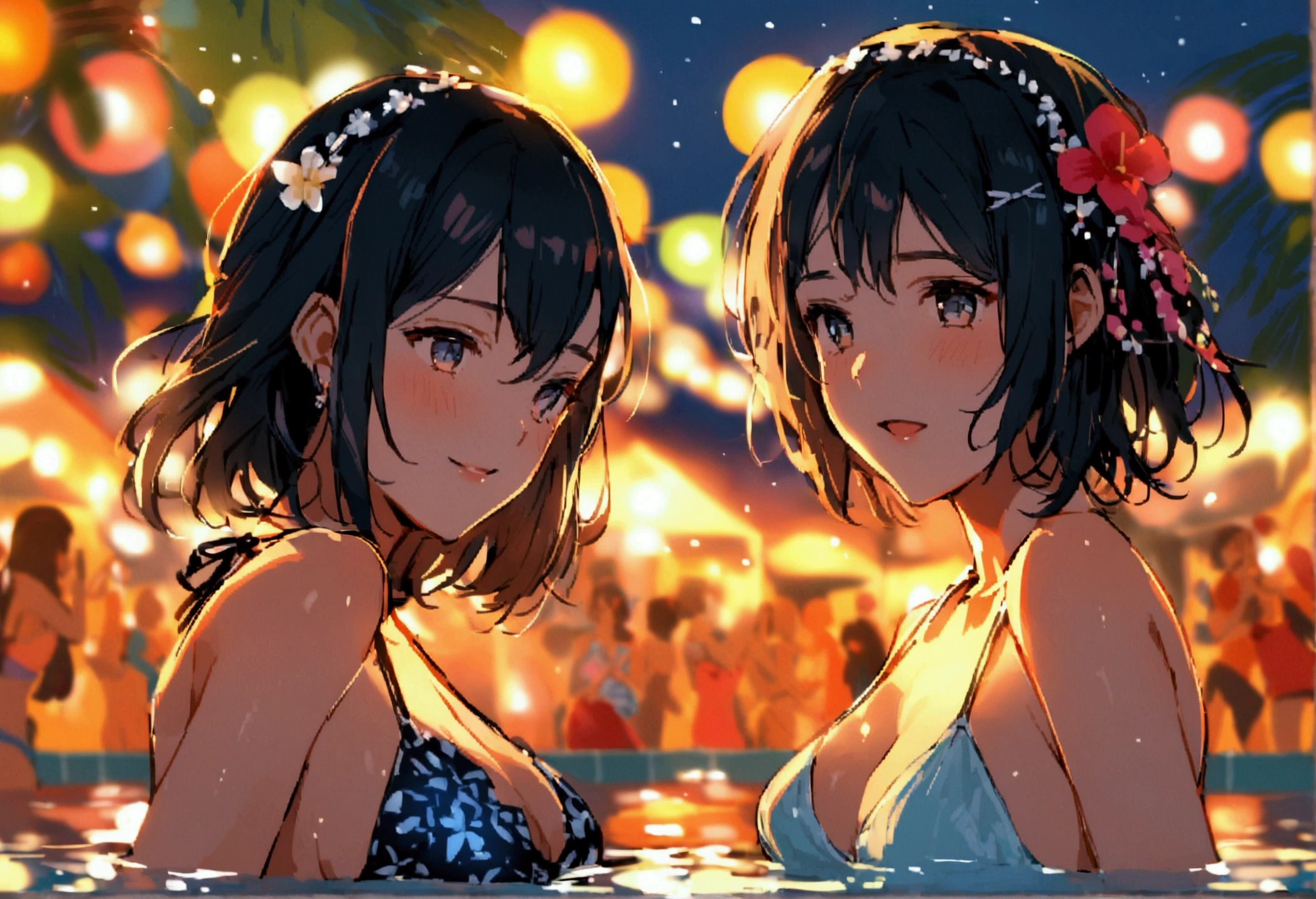 Many people are dancing by the pool、summer night