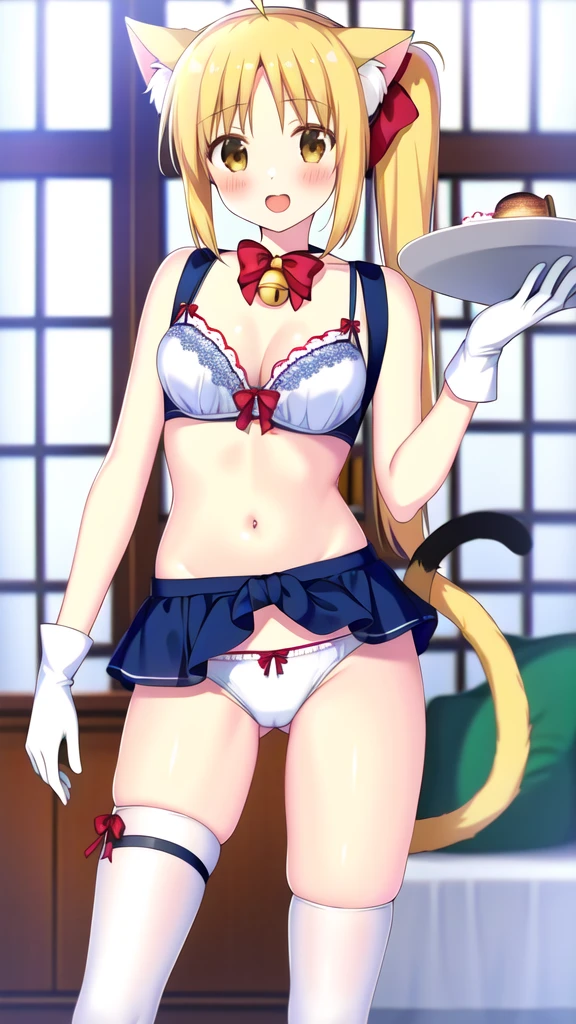 highres, high quality, 1girl, ijichi nijika, blush, open mouth, tight pajama bra and panties, cat ears, cat tail, thighhighs, bowtie, bell, corset, gloves, holding tray, blurry background, indoors