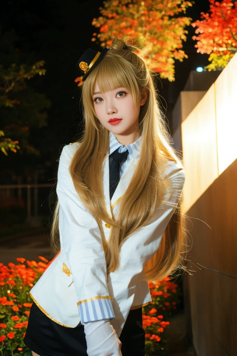 best quality, tmasterpiece,Ultra-high resolution,Clear face,(Reality:1.4),ferpect lighting,(upper body:1.5), (photorealistic:1.50), anime wallpaper, Guviz style artwork, cover-up fantasy up to magic , by Yang J, Guviz, beautiful artwork illustration, beautiful digital artwork, beautiful digital illustration, Li Song, beautiful anime portrait, art style in Beauvot, Minami Kotori, 1girl, 独奏,cosplay, looking at viewer,
long hair, blonde hair,bangs, side ponytail,single hair bun,
gloves, mini hat, pencil skirt, Miniskirt, long sleeves, police uniform,
outdoors,photo background, meadow, Garden, standing,