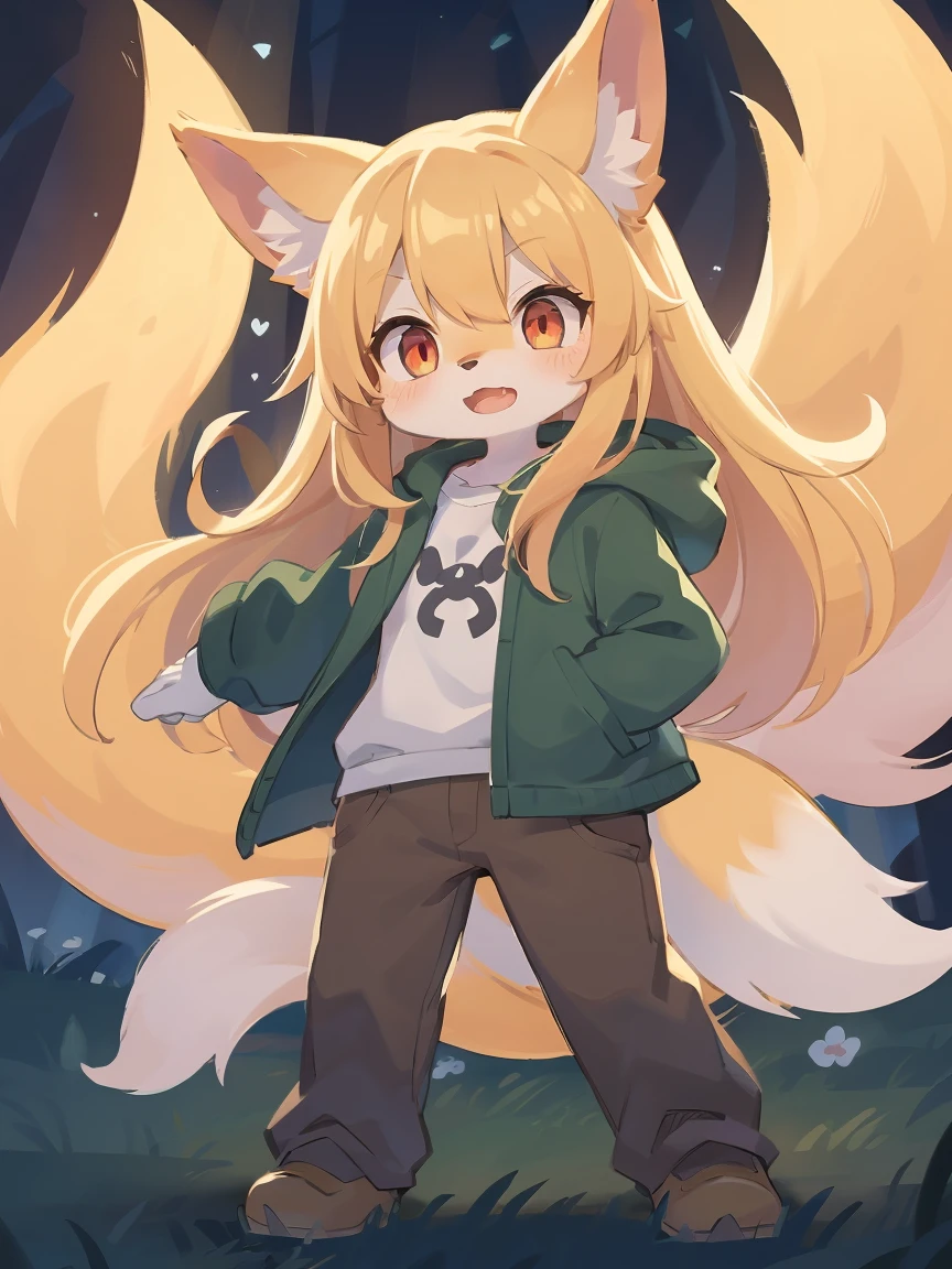 flat color, shota the fox, , was hairy, shaggy, skin fur, smooth lashes, golden fur, forelimb hands, straight long blonde hair, solid circle eyes, golden ears, golden fur, golden facial fur, shiny hair, red eyes, super cute face, 1fox tail, fluffy tail, furry tail, glowing eyes, green coat green hood down, brown trousers, standing, open mouth, ambient light, ultra-fine fur, dashed eyes, (full body), masterpiece, high quality, high-details, best quality, wide short, (((solo)))