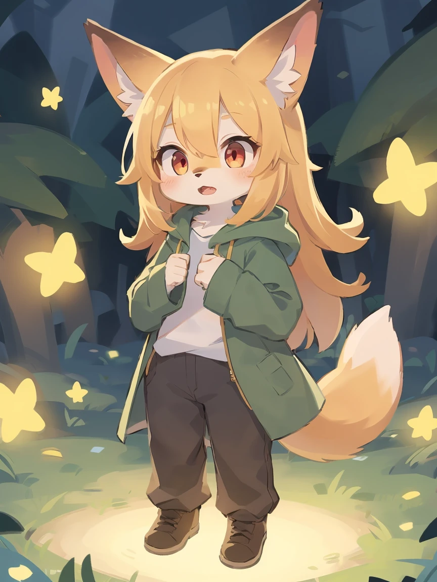 flat color, shota the fox, , was hairy, shaggy, skin fur, smooth lashes, golden fur, forelimb hands, straight long blonde hair, solid circle eyes, golden ears, golden fur, golden facial fur, shiny hair, red eyes, super cute face, 1fox tail, fluffy tail, furry tail, glowing eyes, green coat green hood down, brown trousers, standing, open mouth, ambient light, ultra-fine fur, dashed eyes, (full body), masterpiece, high quality, high-details, best quality, wide short, (((solo)))