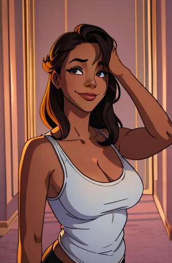 arafed woman in a white tank top and black pants,HD,young people, cartoons, happy, happy, excited, excited, joyful, ((surprise)), carefree, beautiful eyes, cute, smiling face, UWU, happy, proud, ((smiling face)),;3, uwu