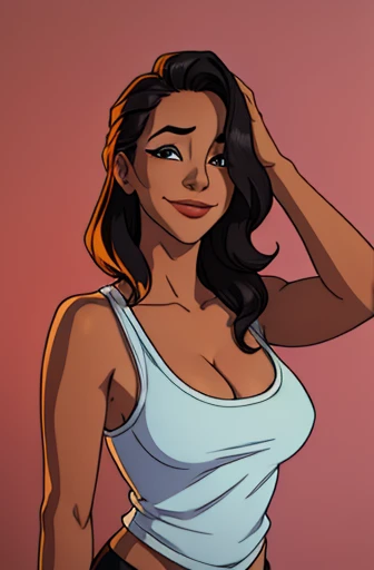 arafed woman in a white tank top and black pants,HD,young people, cartoons, happy, happy, excited, excited, joyful, ((surprise)), carefree, beautiful eyes, cute, smiling face, UWU, happy, proud, ((smiling face)),;3, uwu