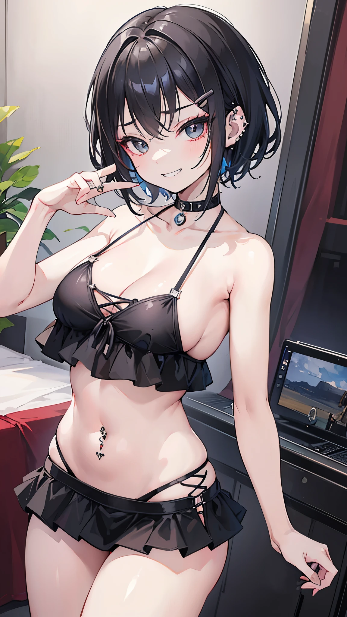 (masterpiece、Highest quality、Very detailed))、One girl、short hair、Barrette、Grey Eyes、evil smile、((Grin))、((lots of piercing))、Large Breastaid bikini))、((black bikini))、waist apron、((micro mini skirt))、((navel piercing))、Thick waist、Cowboy Shot、Hands on hips、Bedroom Background