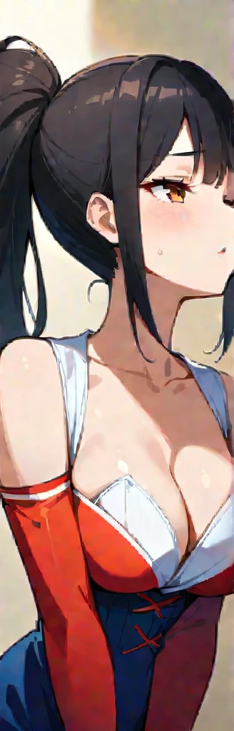 masterpiece, Highest quality, Ultra-high resolution, Beautiful and fine hair，Delicate face, Perfect female face, Double Ponytail Hairstyle, Black Hair, (:1.4), Breast drooping, Big cleavage，Mai Shiranui&#39;King of Fighters Costumes, hair accessory,(:1.8), Breast drooping, Big cleavage, Push the auxiliary breast outward，Chest compressiony face flushed with embarrassment，transparent，Sitting on a pink bed，Expose your chest muscles，I finished taking a shower，My whole body hurts, My hands are outstretched, I want to hold something，Blurred vision，Black silk pants，Smooth，Naked with a bath towel around her chest