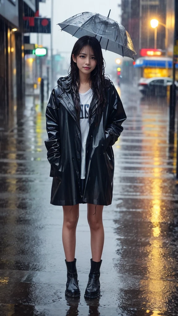 A woman, rain-soaked hair, rain-soaked face, rain-soaked clothes, messy hair, whole body wet with rain, 20 years old, beautiful, pretty face, cute face, rainy cityscape
