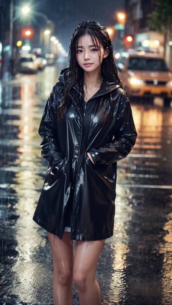 A woman, rain-soaked hair, rain-soaked face, rain-soaked clothes, messy hair, whole body wet with rain, 20 years old, beautiful, pretty face, cute face, rainy cityscape