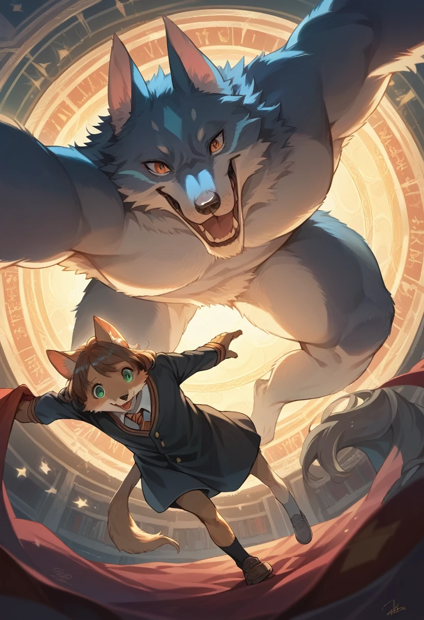 dynamic angle, top quality, best quality, High-quality illustrations, masterpiece, super high resolution, detailed background, detailed background, Harry Potter series, boy, girls, Happy, joyful, absurdres(highly detailed beautiful face and eyes)perfect anatomy(kemono, furry anthro),