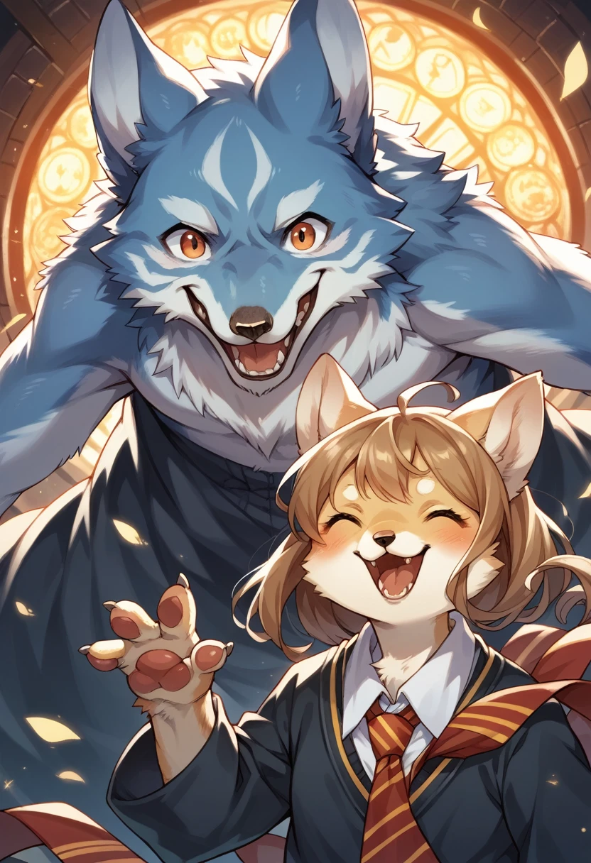 dynamic angle, top quality, best quality, High-quality illustrations, masterpiece, super high resolution, detailed background, detailed background, Harry Potter series, boy, girls, Happy, joyful, absurdres(highly detailed beautiful face and eyes)perfect anatomy(kemono, furry anthro),