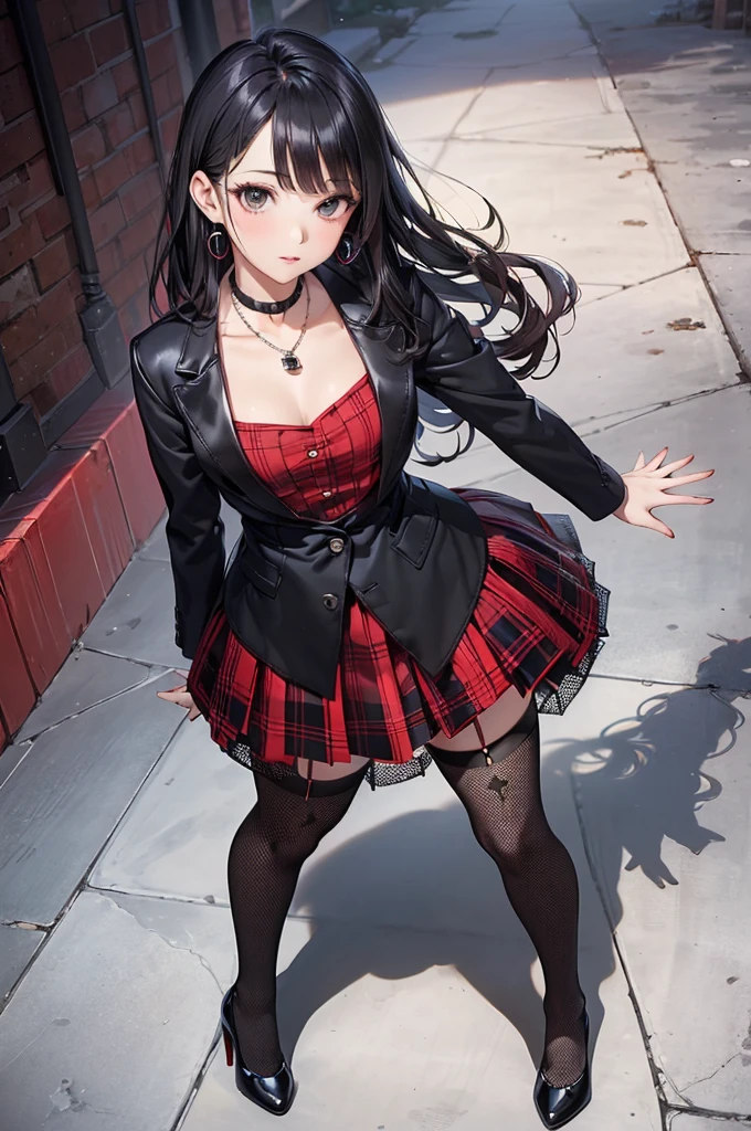 ((Biologically correct limb count)),(( From head to toe,Full-body photo including face)),4K,((Standing position)),masterpiece,((Focus on the face)),((Symmetrical facial features)),Eyes with detailed description,Beautiful woman,Great style,Beautiful arms,Beautiful legs,Beautiful Hands,(Small Ass,Thin thighs),Facial detailing,Small earrings,necklace,(Blue patent leather blazer,Red plaid mini skirt((Black high heels,Black patterned stockings))),Realistic photo,Lying on the linoleum floor,Low angle photo,A little panchira,Cosmetics are scattered all around、