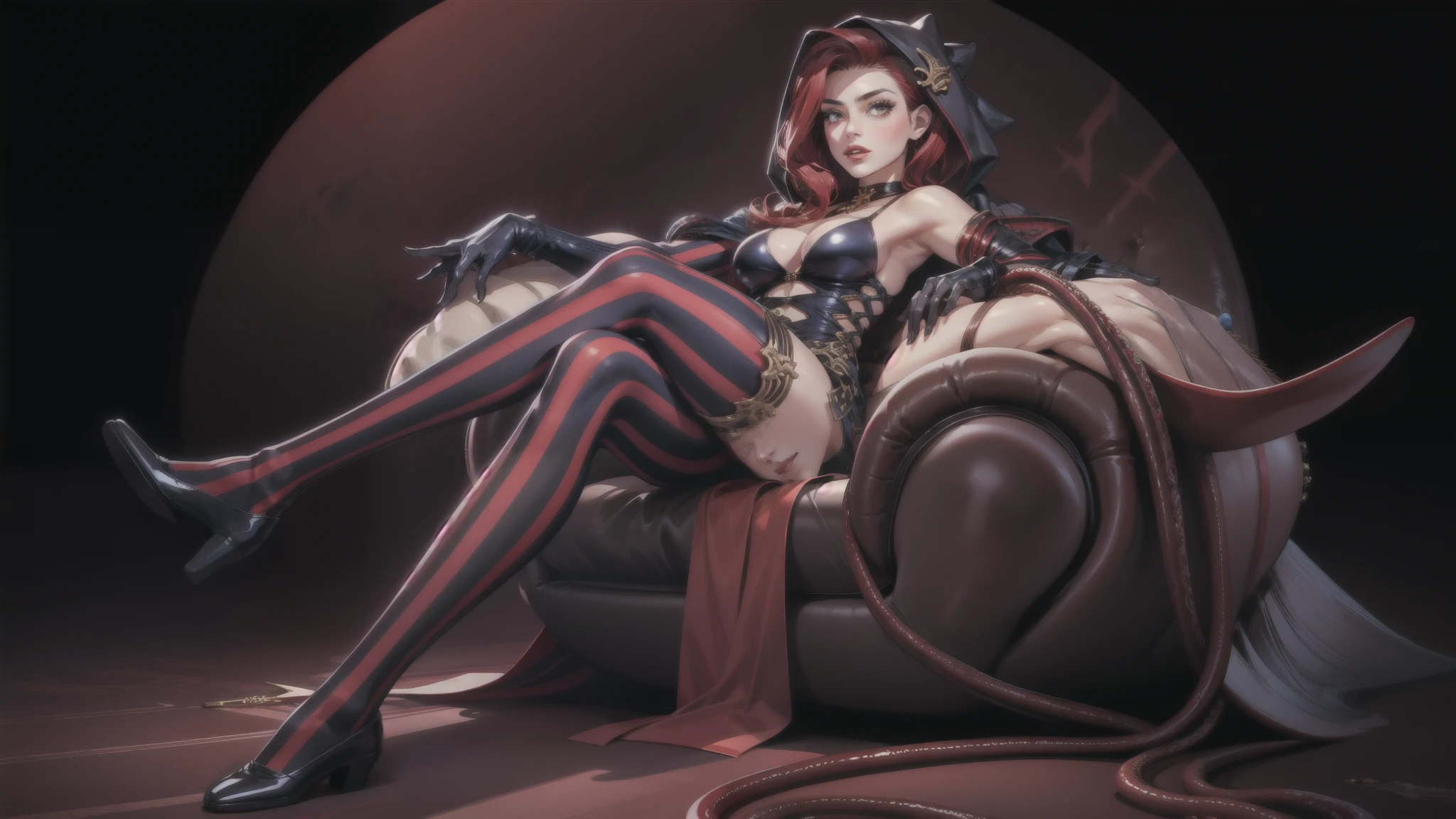 Perfect eyes:1.2, detailed eyes:1.4, realistic:1.4, shaded face, Red hair, hair over shoulder, robe, e.g, fringe, tentacles, Argyll, checkered, neckline in clothes, Striped Thighhighs, black and red vertical striped knee socks, draw up, pomade, hood, split, Sitting, 1 girl, One, (masterpiece:1.6, Best quality),