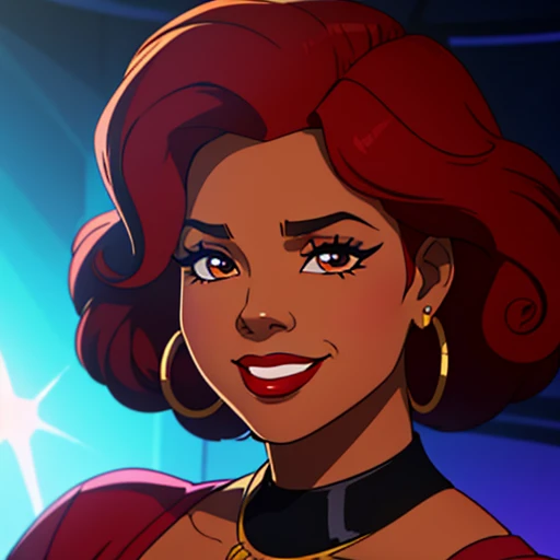 Create a close-up face portrait of a fictional 1970s African-American female R&B superstar named Ruby Roux. She has vibrant red curly hair, expressive brown eyes, and a radiant smile. Ruby wears bold makeup typical of the 1970s, including dramatic eyeliner and red lipstick. She is adorned with large hoop earrings and a glittery outfit that reflects the flashy style of the era. The background should feature a blurred colorful stage with vintage lights, adding to the retro and glamorous atmosphere. cinematic action, cinematic lighting, backlighting, masterpiece, anatomically correct, textured skin, super detail, 8k atmospheric perspective, depth of field,