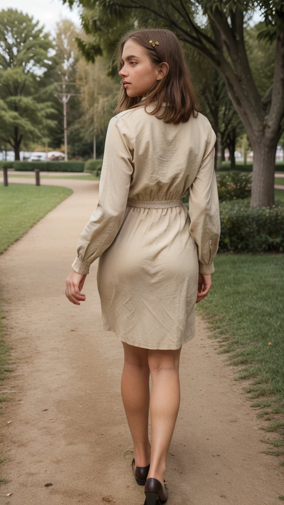 ((best quality)), ((masterpiece)), ((realistic)), 13-year-old girl, girl, short girl, cute face, mesmerizing blue eyes, short straight dark hair, extremely detailed, natural skin tone, skin with pores, beige plizcated suit maxi dress, fitted dress, wearing turqoise long sleeves shirt, big ass, buttock emphasis, portrait, full body shot, fit body, wearing black shoes, bacn view, view from back,, walking in park, shallow depth of field