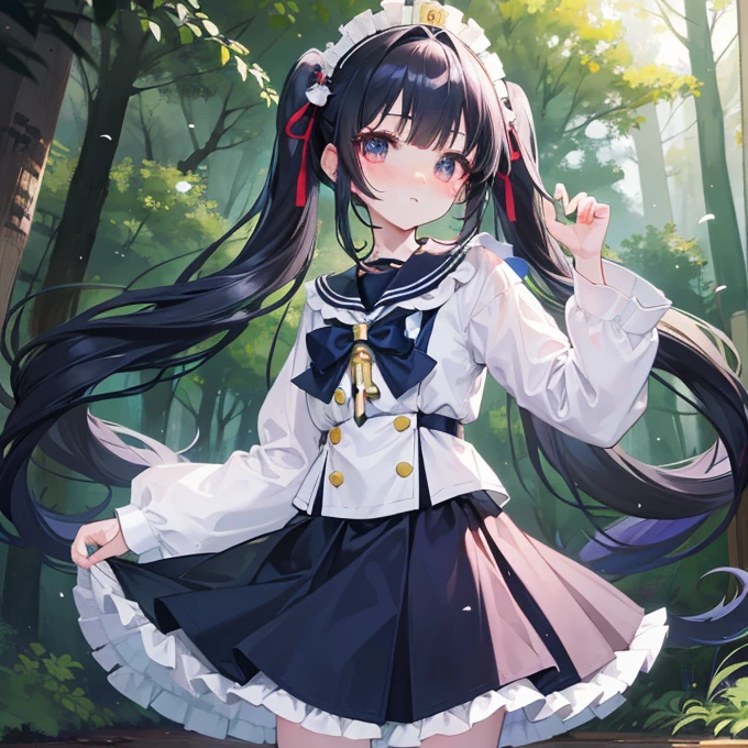 Long navy hair，ta Skirt，Fufu has a very cute face，It's a cute girl，Twin tails   ，I have the puzzle piece I have the key　In the forest